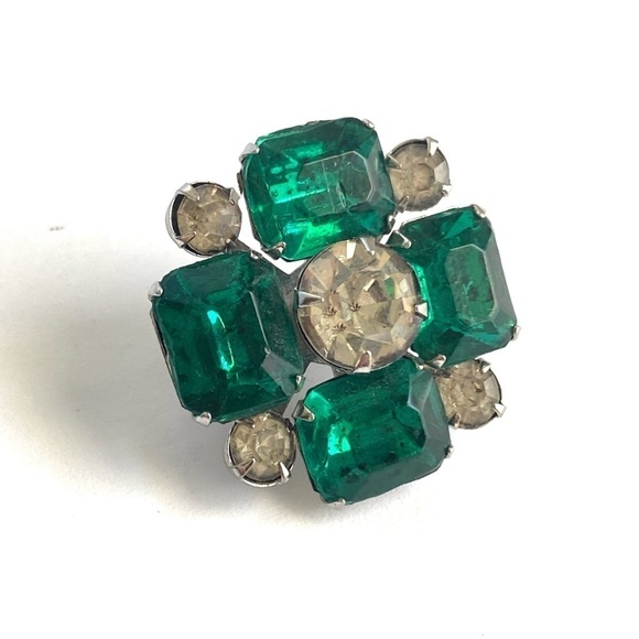 Vintage 50s Emerald Green Rhinestone Brooch Silver Tone Setting Pin Art Deco - Picture 3 of 6